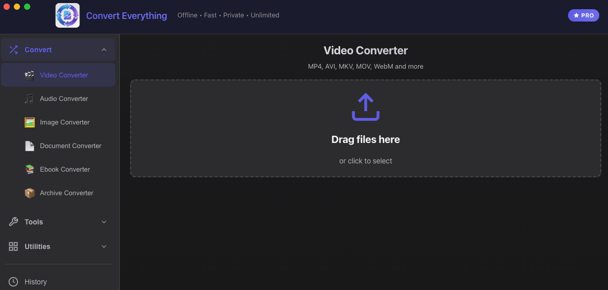 Offline Converter for Mac — convert video, audio, images and PDF offline Offline Converter for Mac app interface — drag and drop video, audio, image, PDF and RAW files to convert offline on macOS, no cloud upload
